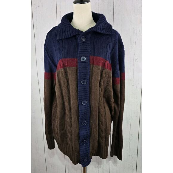 Paul Jones Sweater Mens XL Multicolor Cardigan Cable Knit Fisherman Chunky - Picture 1 of 8